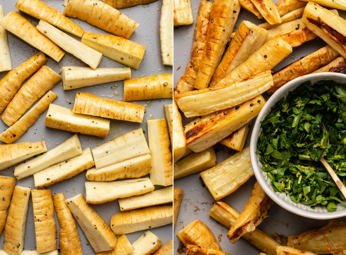 side-by-side photos of parsnips before roasting next to parsnips roasted on baking sheet with gremolata