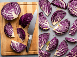Side by side photos of cabbage being cut on cutting board next to cabbage on baking sheet before baking