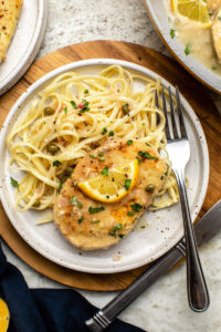 Vegan Chicken Piccata on plate with pasta