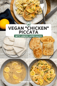 steps for vegan chicken piccata in diagram with photo of the finished dish