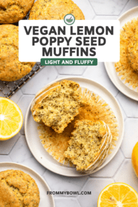 lemon poppy seed muffin ripped in half on small white plate