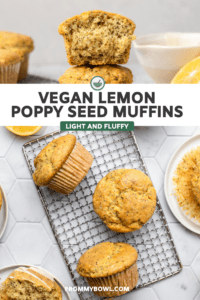 Three lemon poppy seed muffins on small cooling rack on tiled table