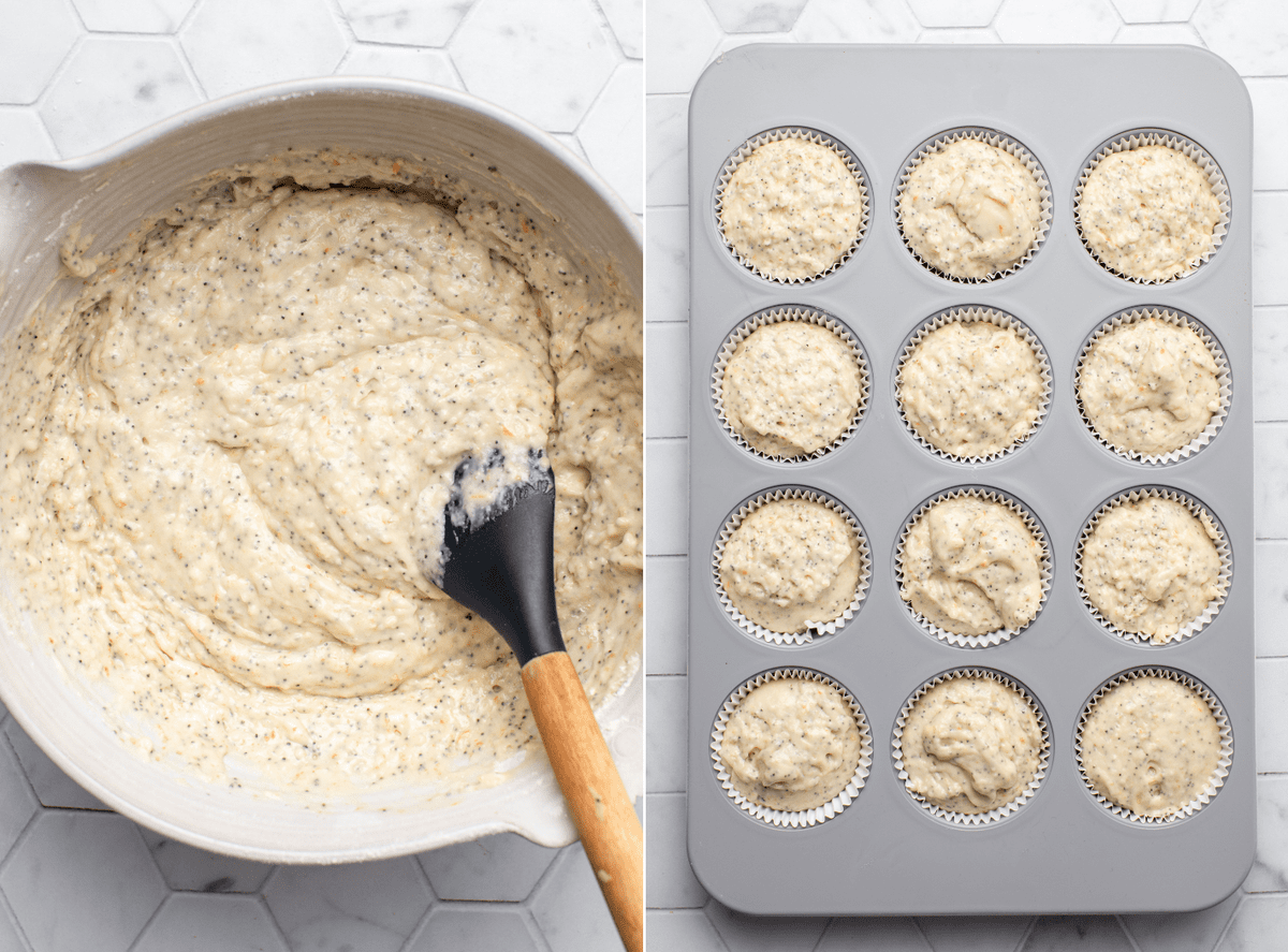 side-by-side photos of muffin batter in mixing bowl next to muffin tin filled with unbaked batter