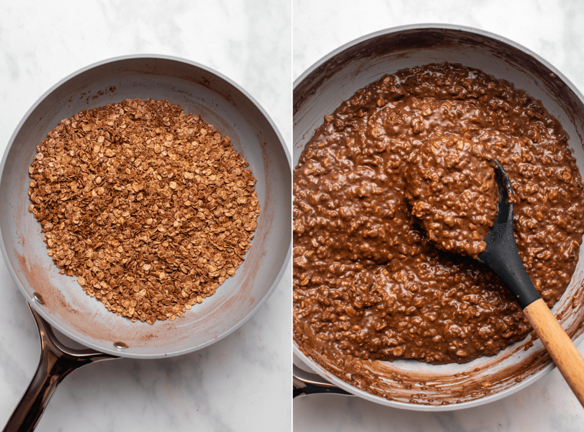 side-by-side photos of oats mixed with cacao powder in pan, next to completely cooked oatmeal