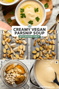 bowl of parsnip soup with step-by-step photos on soup making process