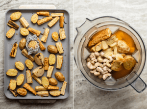 side-by-side photos of roasted parsnips and vegetables on sheet pan, next to a photo of everything in a blender with cashews and vegetable broth