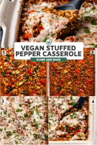 step-by-step photos for stuffed pepper casserole with finished casserole picture at the top