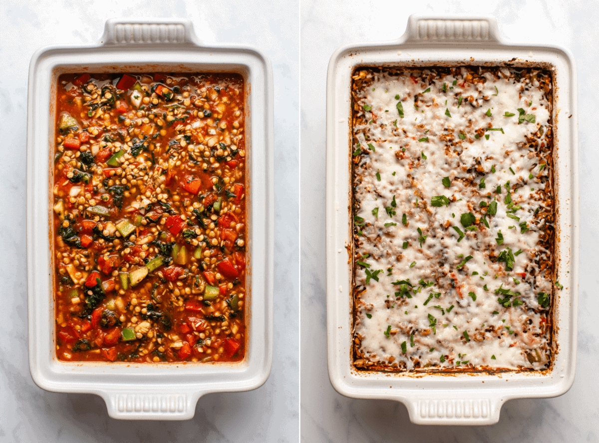 side-by-side photos of casserole before baking and after baking once topped with vegan cheese and parsley