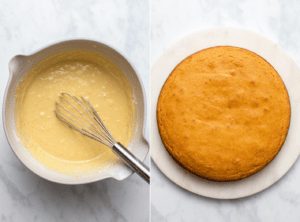 side-by-side photos of cake batter in bowl next to cooked cake
