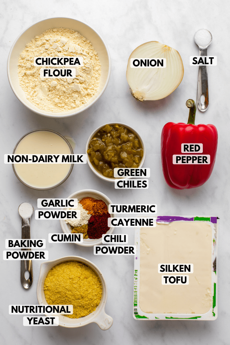 Ingredients for southwestern vegan egg cups in small bowls on marble background