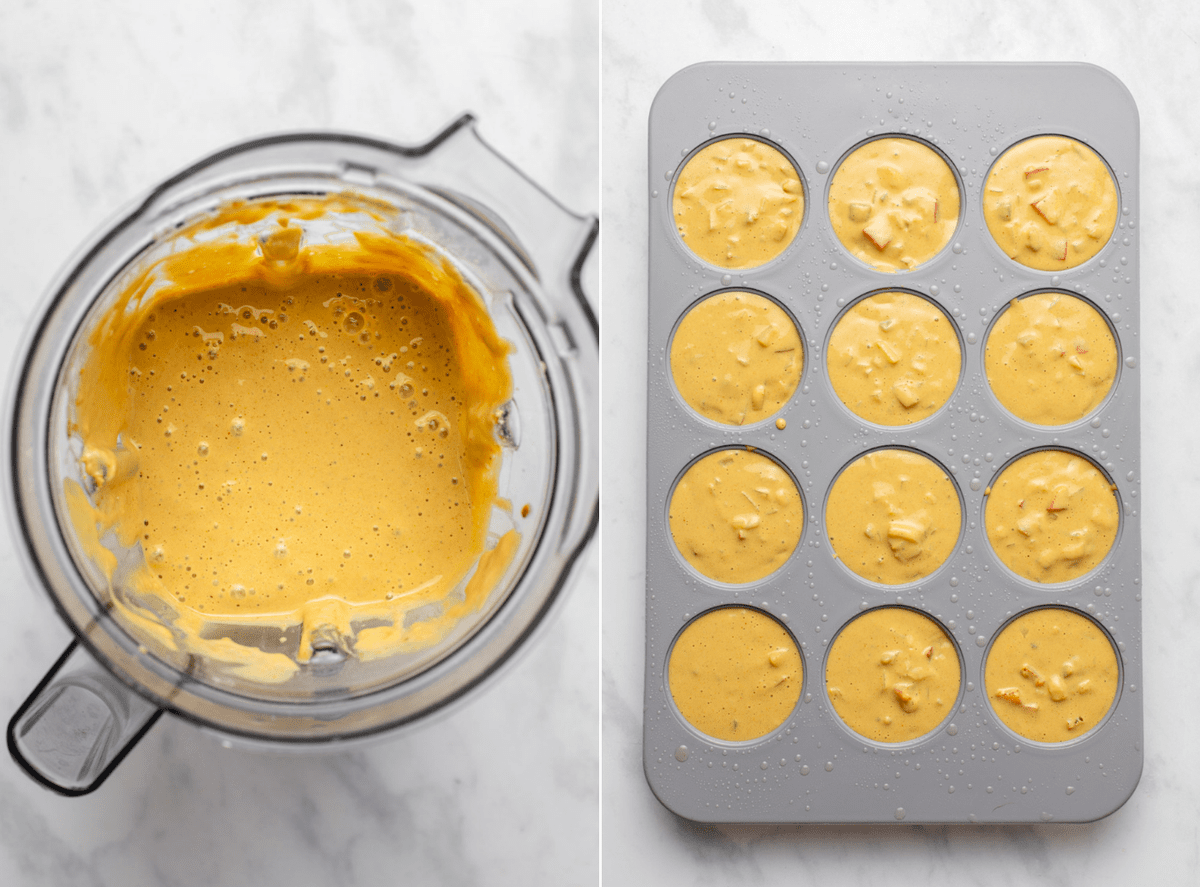 Side-by-side photos of blended egg mixture in blender next to muffin pan full of mixture before baking