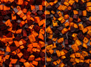 side-by-side photos of sweets & beets on baking tray, before (left) and after (right) baking