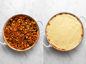 Side-by-side photos of cooked filling next to photo of pan topped with masa before baking