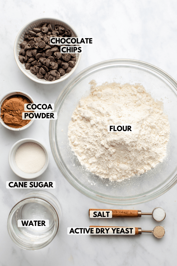 Ingredients for no-knead chocolate bread in small bowls on marble countertop