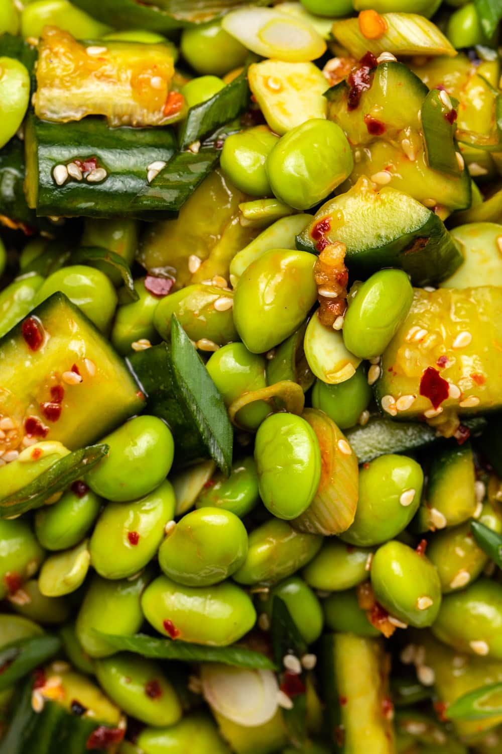 Close-up photo of edamame salad with smashed cucumbers, sesame seeds, chili oil, and green onions