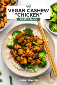 Vegan cashew chicken in bowl with rice and steamed broccoli