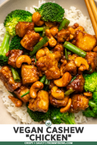 Vegan cashew chicken in bowl with rice and steamed broccoli