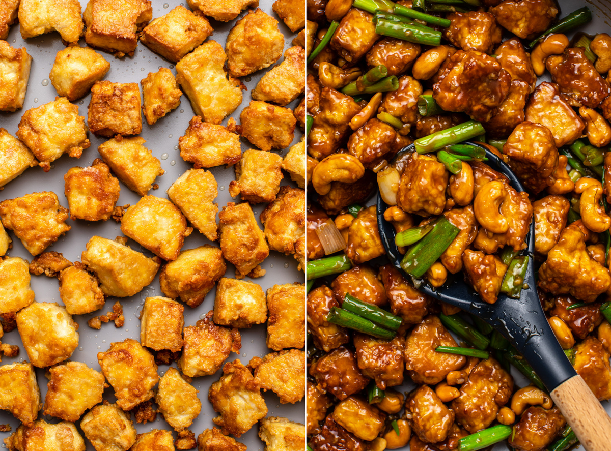 side-by-side photos of crispy tofu on baking sheet next to tofu tossed with cashews and sauce in skillet