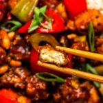 vegan kung pao tofu stir fry with bell peppers