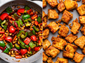 side-by-side photos of baked crispy tofu and the veggies and peanuts in sauté pan