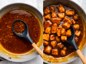 side-by-side photos of orange sauce in pan and tofu tossed with orange sauce in pan