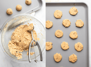 side-by-side photos of chilled cookie dough and pressed cookies on a baking sheet
