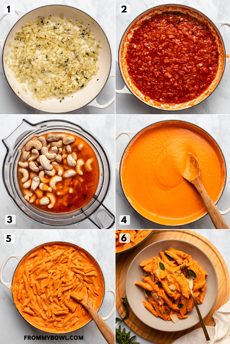 step-by-step photo collage for how to make penne alla vodka