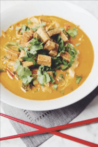 golden curry soup with crispy tofu