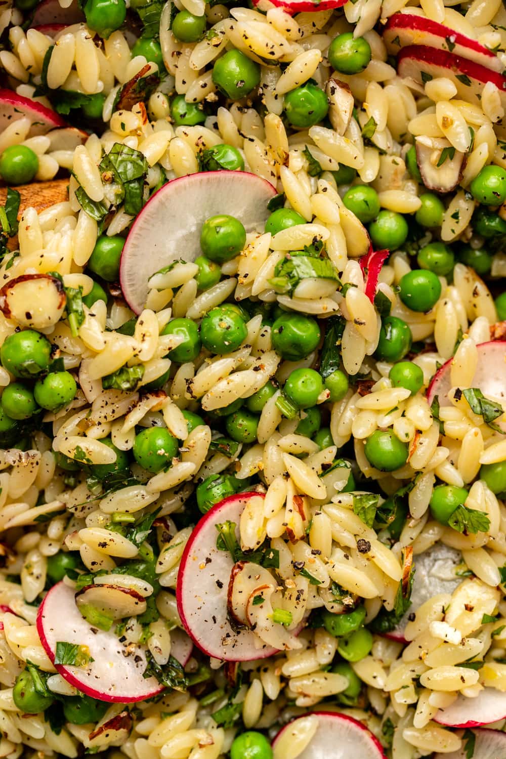 close-up photo of orzo salad with peas, radishes, and fresh herbs