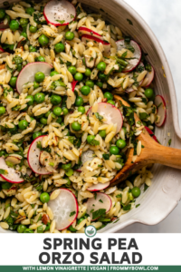 This Spring Orzo Salad with Peas and Lemon Vinaigrette is a bright & fresh medley of flavors and textures! The perfect wholesome vegan dish for refreshing lunches or meal prep.