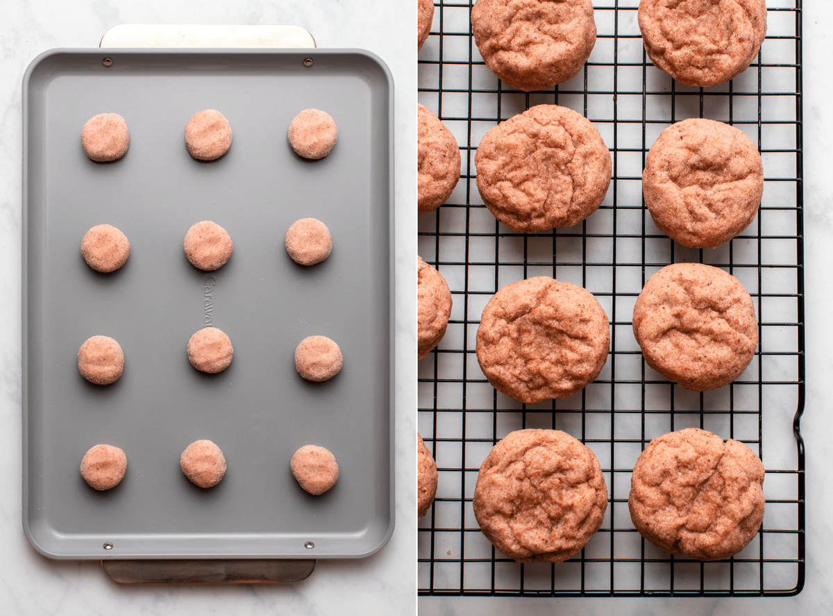 Side-by-side photos of sugar cookies before baking and after baking on wire cooling rack