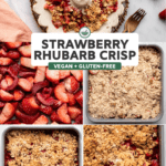 step by step photos for making the crisp with a photo of strawberry rhubarb crisp in white dish with ice cream on top