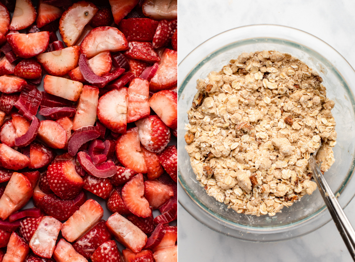 side-by-side photos of fruit filling and crisp topping before baking