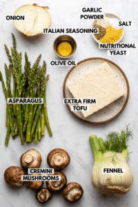 ingredients for asparagus mushroom nourish bowls arranged on marble countertop