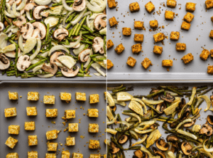 side-by-side photos of trays of vegetables and tofu before and after roasting