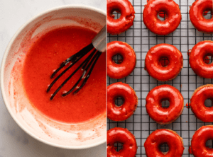 side-by-side photos of glaze in small bowl next to glazed donuts on a cooling rack