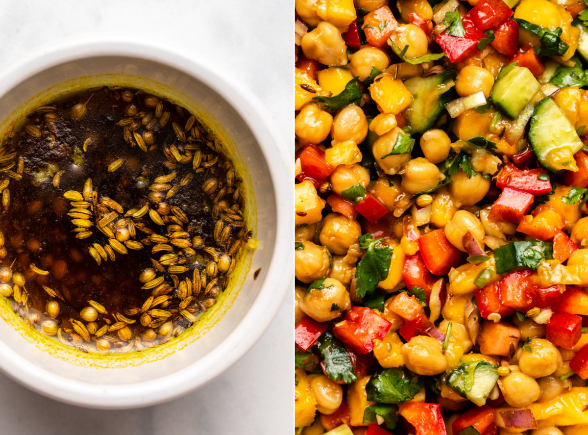 side-by-side photos of tadka and salad after mixing
