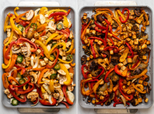 side-by-side photos of tofu and fajita vegetables on a sheet pan before and after baking