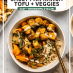 white bowl with crispy tofu, roasted veggies, rice, and tahini sauce