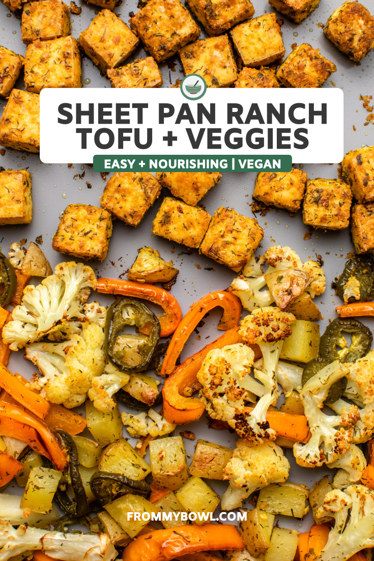 baked tofu and roasted vegetables on sheet pan