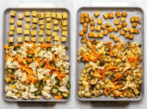 side-by-side photos of tofu and vegetables on baking sheet before and after roasting