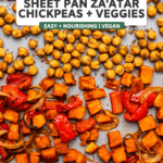 sheet pan of roasted chickpeas, sweet potatoes, and bell pepper
