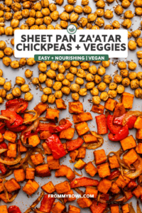 sheet pan of roasted chickpeas, sweet potatoes, and bell pepper