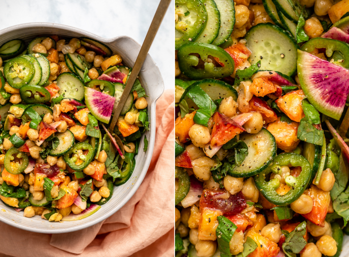 Side by side photos of chickpea salad in a large serving bowl next to a close-up photo of salad ingredients after mixing