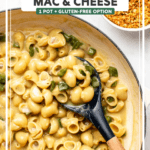 cooked vegan mac and cheese in large sauté pan with navy spoon