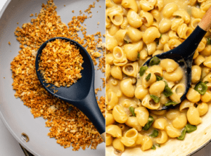 side-by-side photos of toasted homemade breadcrumbs and cooked pasta in large sauté pan