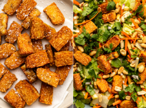 side-by-side photos of pan-fried tempeh on plate. next to photo of tempeh on top of salad