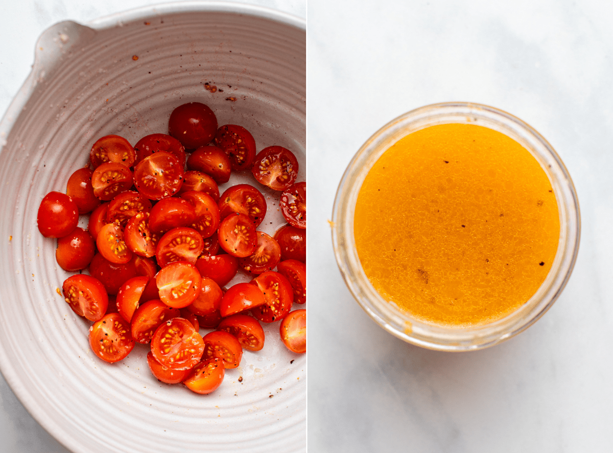 side-by-side photos of salted tomatoes next to photo of dressing in a jar