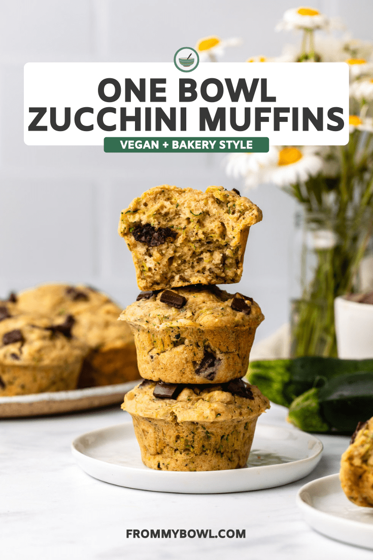 stack of 3 zucchini muffins on white plate with more muffins in the background