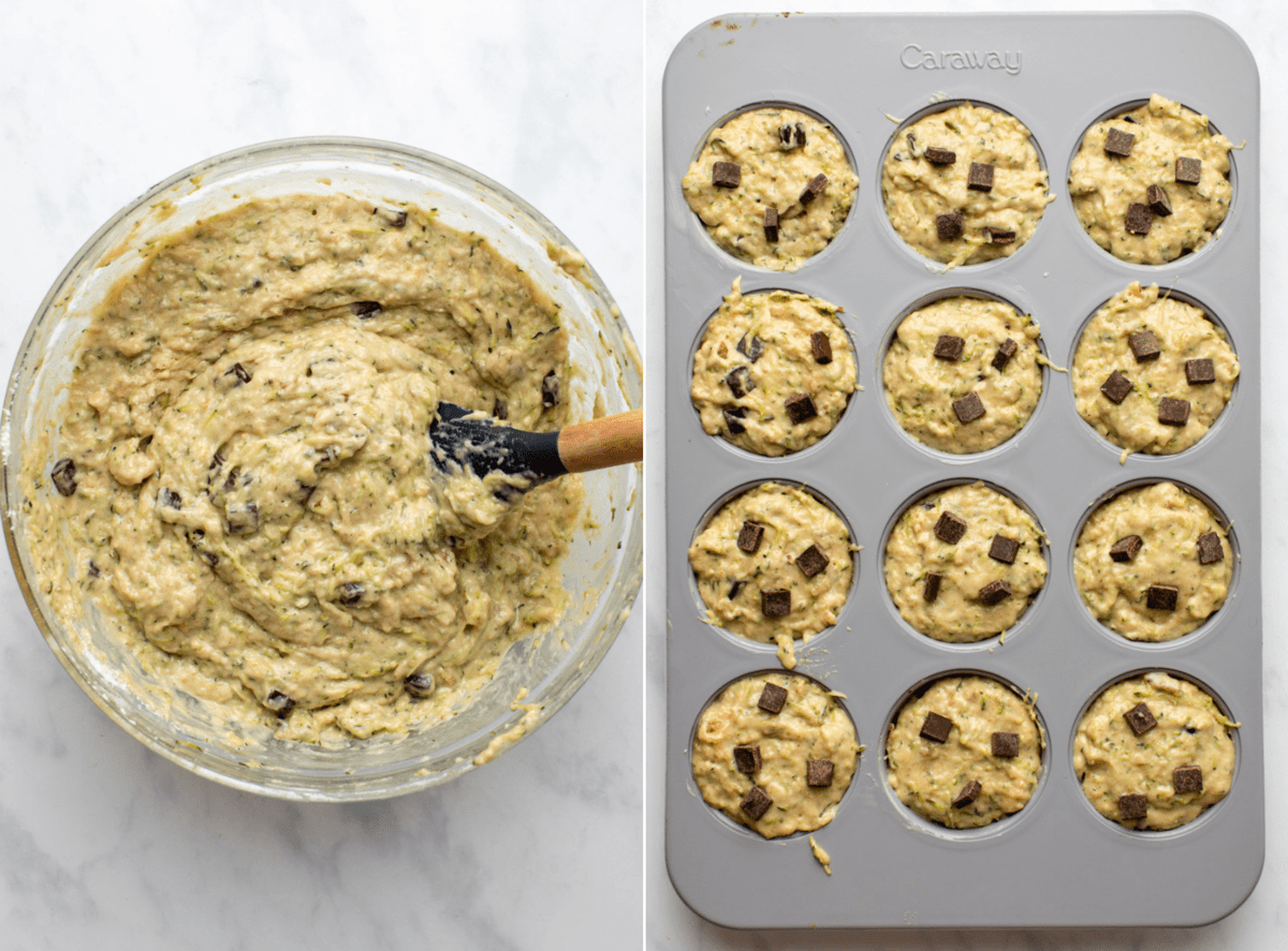 side-by-side photos of zucchini batter in bowl next to batter in muffin pan
